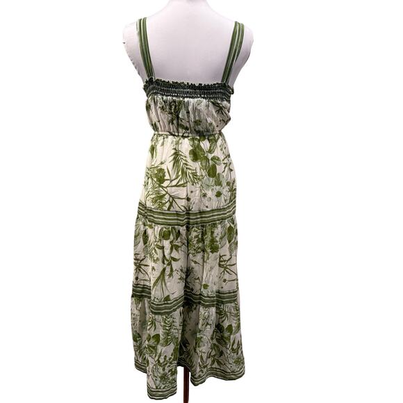 Sweet Wanderer Green White Floral Botanical Tiered Midi Dress Summer Chic Medium - Picture 3 of 9
